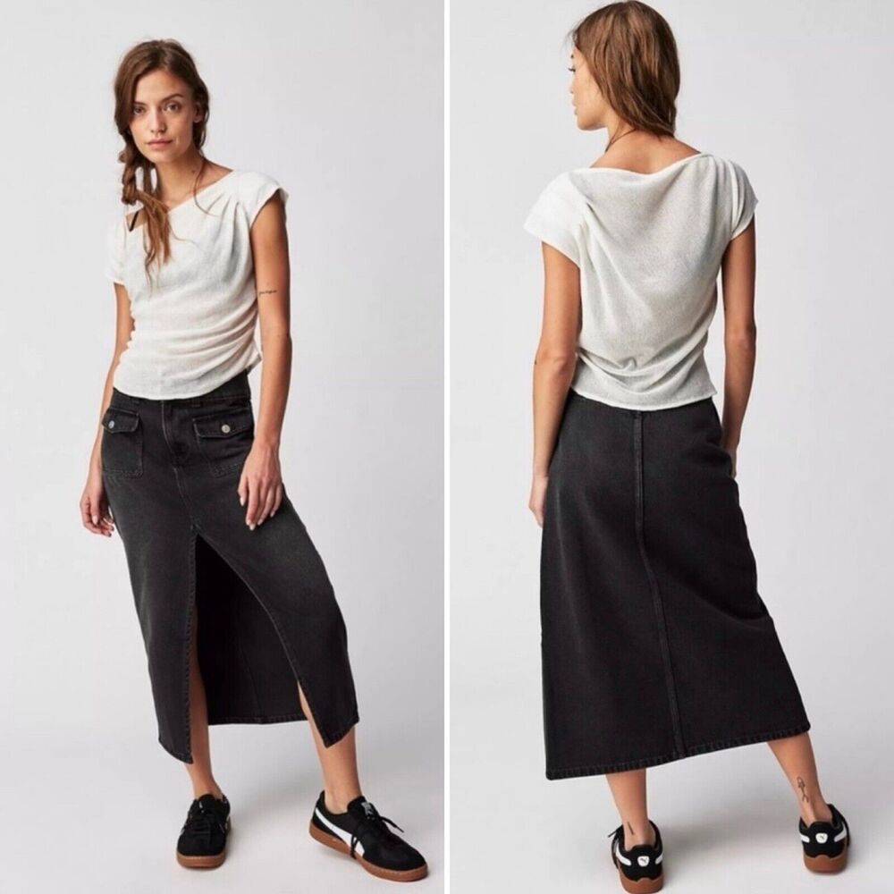 New We The Free Madison Slit Front Midi Skirt Black Washed 25